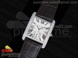 Tank MC SS White Textured Dial Diamonds Bezel on Brown Leather Strap A23J