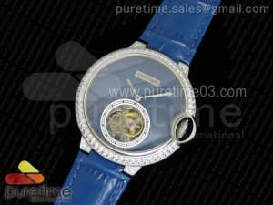 Balon Bleu De Cartier Tourbillon SS Full Paved Diamonds Case Blue Textured Dial on Blue Leather Strap