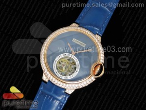 Balon Bleu De Cartier Tourbillon RG Full Paved Diamonds Case Blue Textured Dial on Blue Leather Strap