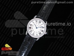 Ronde Solo De Cartier 29mm SS K11 Maker White Dial Diamonds Bezel on Black Crocodile Strap Ronda Quartz