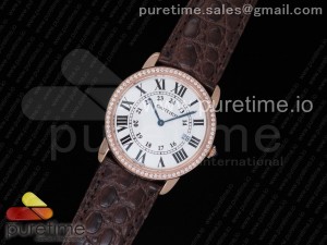 Ronde Solo De Cartier 36mm RG K11 Maker White Dial Diamonds Bezel on Brown Crocodile Strap Ronda Quartz