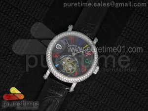 Color Dreams Tourbillon SS Diamonds Bezel Arabic Numerals Markers Black Dial on Black Croco Leather Strap