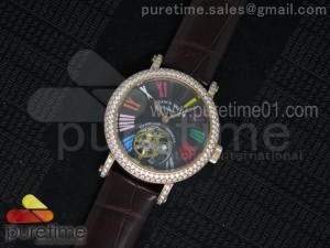 Color Dreams Tourbillon RG Diamonds Bezel Roman Numerals Markers Black Dial on Brown Croco Leather Strap