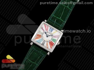 Master Square SS Ladies ZF 1:1 Best Edition White Colorful Roman Dial on Green Leather Strap Ronda Quartz