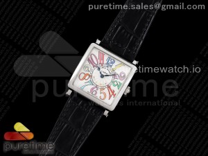 Master Square SS Ladies ZF 1:1 Best Edition White Colorful Arabic Dial on Black Leather Strap Ronda Quartz