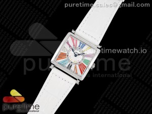 Master Square SS Ladies ZF 1:1 Best Edition White Colorful Roman Dial on White Leather Strap Ronda Quartz