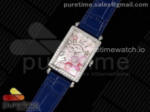 Long Island Ladies SS Diamonds Bezel ZF 1:1 Mother of Pearl Dial on Blue Leather Strap Swiss Ronda Quartz