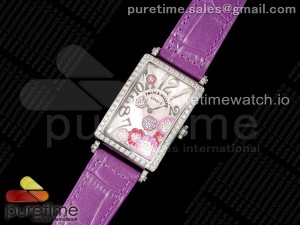 Long Island Ladies SS Diamonds Bezel ZF 1:1 Mother of Pearl Dial on Purple Leather Strap Swiss Ronda Quartz