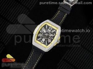 Vanguard V45 SS ABF Best Edition Black Dial Yellow Inner Bezel Diamonds Bezel on Black Leather Strap A2824