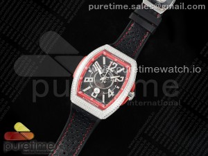 Vanguard V45 SS ABF Best Edition Black Dial Red Inner Bezel Diamonds Bezel on Black Leather Strap A2824