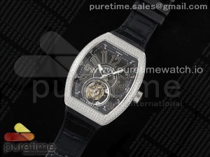 Vanguard Tourbillon SS Full Diamonds ABF Best Edition Gray Dial Black Marker on Black Leather Strap