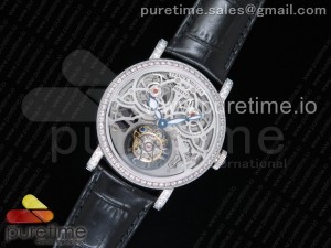 Giga Tourbillon SS Skeleton Dial Diamonds Bezel on Black Leather Strap