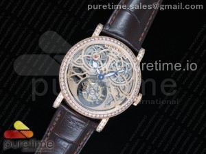 Giga Tourbillon RG Skeleton Dial Diamonds Bezel on Brown Leather Strap