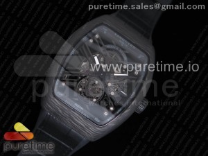 Vanguard Automatic Carbon Fake Tourbillon Black Skeleton Dial on Black Gummy Strap MIYOTA 9015