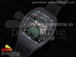 Vanguard Automatic Carbon Fake Tourbillon Black/Green Skeleton Dial on Black Gummy Strap MIYOTA 9015