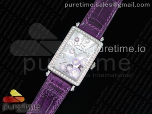  Long Island Ladies SS White MOP Dial Diamonds Bezel on Pureple Leather Strap Jap Quartz