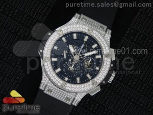 Big Bang SS Full Paved Diamonds Black Skeleton Dial on Black Rubber Strap A7750