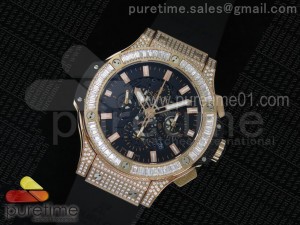 Big Bang RG Full Paved Diamonds Black Skeleton Dial on Black Rubber Strap A7750