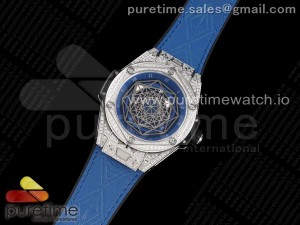 Big Bang Unico Sang Bleu SS Full Diamonds HBF Skeleton Dial on Blue Gummy Strap HUB1213