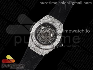 Big Bang Unico Sang Bleu SS Full Diamonds HBF Skeleton Dial on Black Gummy Strap HUB1213