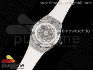 Big Bang Unico Sang Bleu SS Full Diamonds HBF Skeleton Dial on White Gummy Strap HUB1213