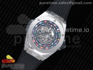 Big Bang Unico Sang Bleu SS HBF Flags Inner Bezel Skeleton Dial on Black Gummy Strap HUB1213