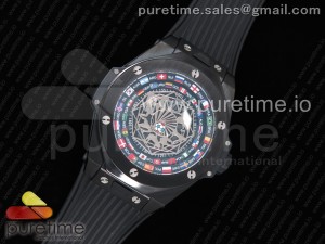 Big Bang Unico Sang Bleu PVD HBF Flags Inner Bezel Skeleton Dial on Black Gummy Strap HUB1213