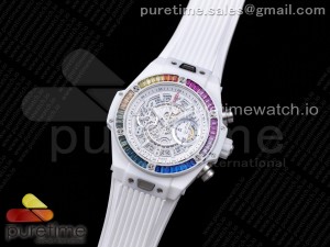 Big Bang Unico White Ceramic HBF 1:1 Best Edition White Skeleton Dial Rainbow Bezel on White Rubber Strap A1242