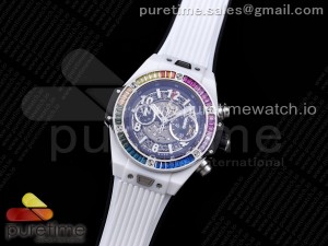 Big Bang Unico White Ceramic HBF 1:1 Best Edition Black Skeleton Dial Rainbow Bezel on Whtie Rubber Strap A1242