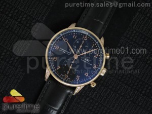 Portuguese Chrono RG Diamonds Case Black Dial on Black Leather Strap A7750