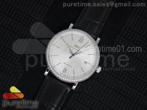 Portofino SS Silver Dial Blue Second Hand Diamonds Bezel on Black Leather Strap MIYOTA 9015