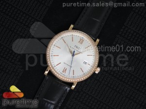 Portofino RG Silver Dial Blue Second Hand Diamonds Bezel on Black Leather Strap MIYOTA 9015