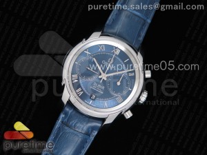 De Ville Chronograph 42mm SS OMF 1:1 Best Edition Blue Dial on Blue Leather Strap A9300 (Black Balance Wheel)