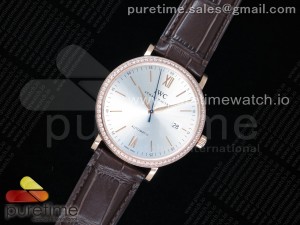 Portofino Automatic RG V7F 1:1 Best Edtiion Diamonds Bezel Silver Dial SS Markers on Brown Croco Strap ETA2892