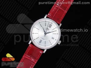 Portofino Automatic 37 SS M+F 1:1 Best Edition Silver Dial Diamonds Bezel on Red Crocodile Strap A35111