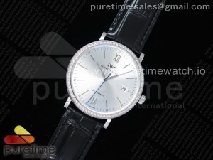 Portofino Automatic SS V7F 1:1 Best Edtiion Diamonds Bezel Silver Dial SS Markers on Black Croco Strap ETA2892