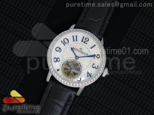 Rendez-Vous Tourbillon SS Diamonds Paved Bezel White MOP Dial on Black Leather Strap A23J