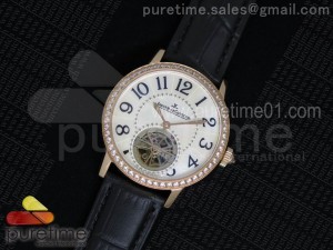 Rendez-Vous Tourbillon RG Diamonds Paved Bezel White MOP Dial on Black Leather Strap A23J