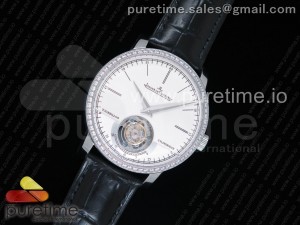 Master Grand Tourbillon SS White Dial Diamonds Bezel on Black Leather Strap