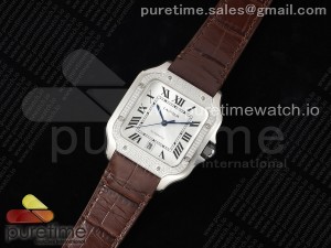 Santos de Cartier 40mm 3KF 1:1 Best Edition White Dial Diamonds Bezel on Brown Leather Strap MIYOTA 9015