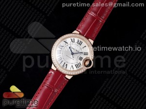 Ballon Bleu 33mm RG AF 1:1 Best Edition Silver Dial Diamonds Bezel on Red Leather Strap SEIKO NH05A