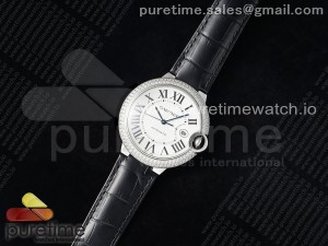 Ballon Bleu 42mm SS AF 1:1 Best Edition White Texture Dial Diamonds Bezel on Black Leather Strap A2824 V5