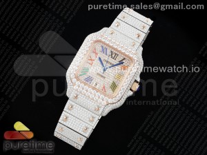 Santos 40mm Full Diamonds SS/RG TWF Best Edition RG Diamonds Colorful Roman Dial on Bracelet MIYOTA 9015