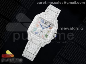 Santos 40mm Full Diamonds SS TWF Best Edition Diamonds Colorful Roman Dial on Bracelet MIYOTA 8215