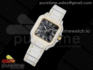 Santos 40mm Full Diamonds SS/YG TWF Best Edition Black Roman Dial on Bracelet MIYOTA 9015