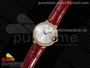 Ballon Bleu 33mm RG AF 1:1 Best Edition Silver Textured Dial Diamonds Bezel on Red Leather Strap Ronda Quartz