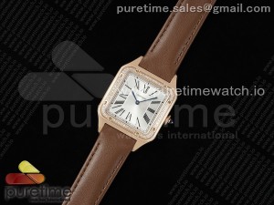 Santos Dumont 31.4mm RG AF 1:1 Best Edition Silver Dial Diamonds Bezel on Brown Leather Strap A157