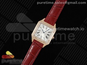 Santos Dumont 31.4mm RG AF 1:1 Best Edition Silver Dial Diamonds Bezel on Red Croco Strap A157