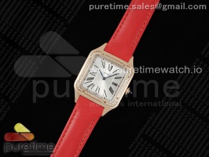 Santos Dumont 31.4mm RG AF 1:1 Best Edition Silver Dial Diamonds Bezel on Red Leather Strap A157