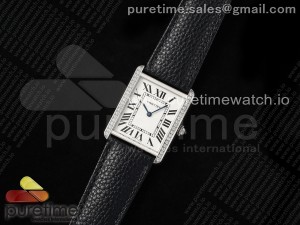 Tank Solo Ladies 28mm SS AF 1:1 Best Edition White Dial Diamonds Bezel on Black Leather Strap Ronda Quartz